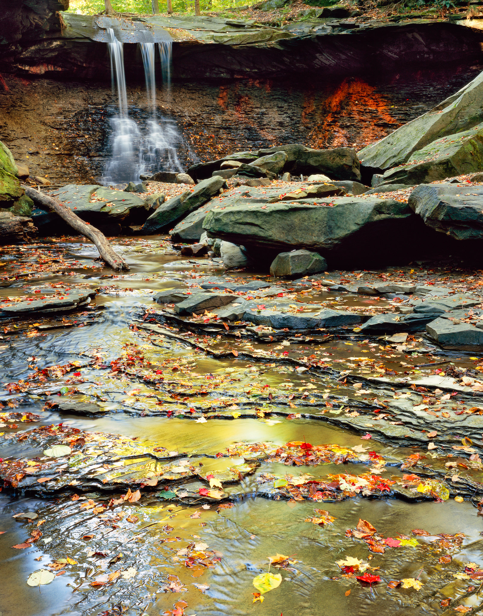 Blue Hen Falls at Cuyahoga Valley National Park in Ohio, fall midday, Fujichrome Velvia 50 on a 4x5 large format camera. Photograph by Marty Quinn