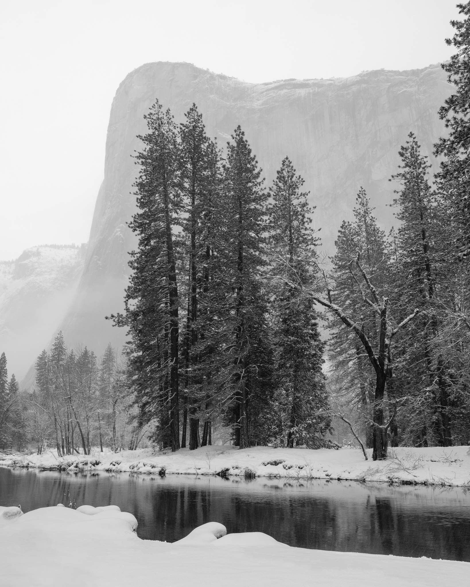 El Capitan in winter snow, Yosemite National Park - black and white large format photography by Marty Quinn