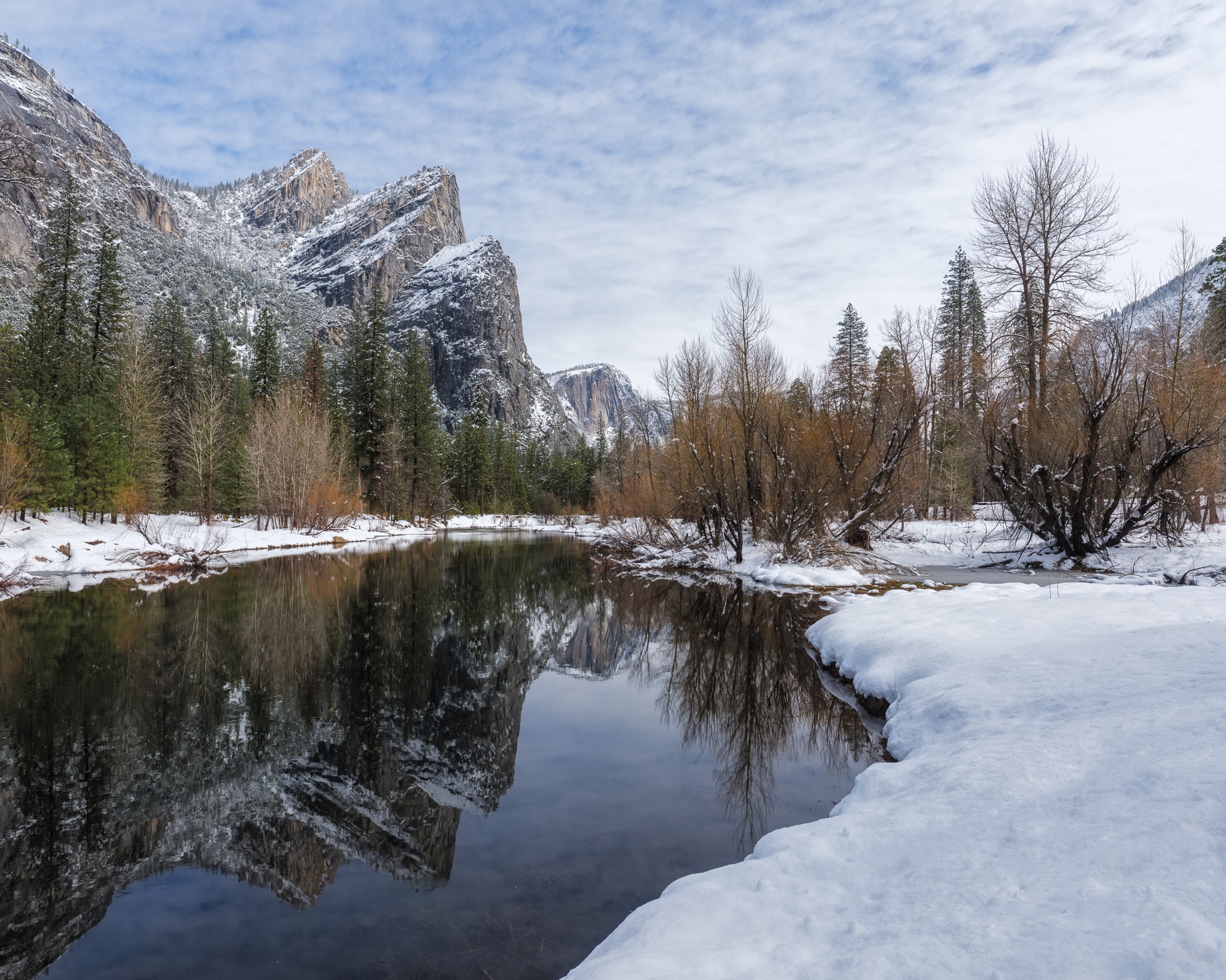 Three Brothers Reflections — Yosemite winter landscape, Merced River reflection of mountain peaks