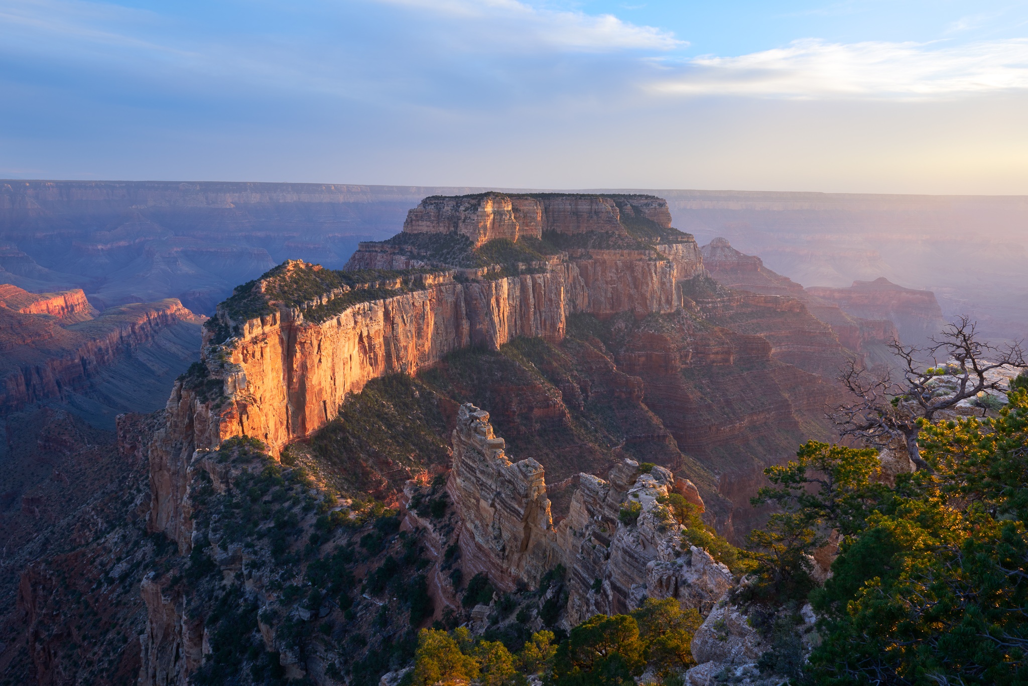 Last light catches the cliff face at Cape Royal on the North Rim of the Grand Canyon, the rock going warm orange while the canyon depths behind it settle into shadow, Arizona. Photograph by Marty Quinn
