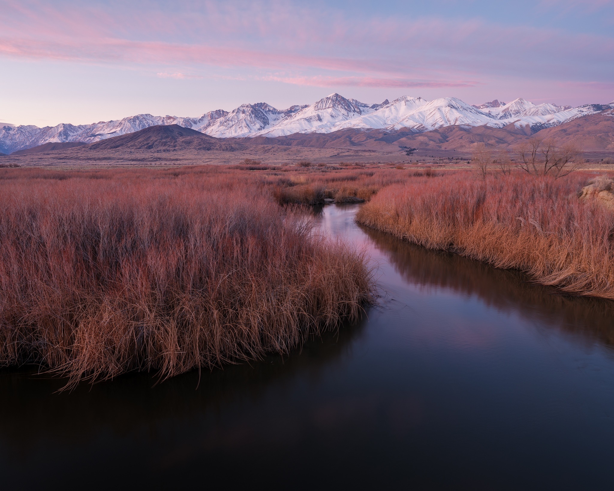 Owens River Sunrise — Eastern Sierra Nevada winter landscape photography, snow-covered peaks reflected in river